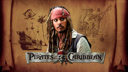HD wallpaper featuring Johnny Depp as Jack Sparrow from Disney's Pirates of the Caribbean, with a map and pirate ship in the background.