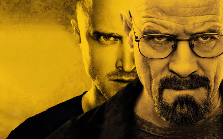 HD desktop wallpaper featuring close-up portraits of Bryan Cranston as Walter White and Aaron Paul as Jesse Pinkman from the TV show Breaking Bad.