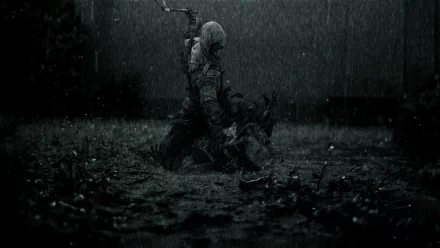 HD PC desktop wallpaper featuring a dark, rainy scene from the Assassin's Creed video game, showing a hooded character kneeling amid rain and shadows.