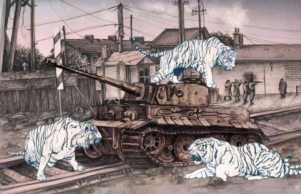 Funny World War II HD desktop wallpaper: sepia urban scene with a WWII tank on tracks and three stylized white tigers outlined in blue prowling around and atop it, soldiers in background.