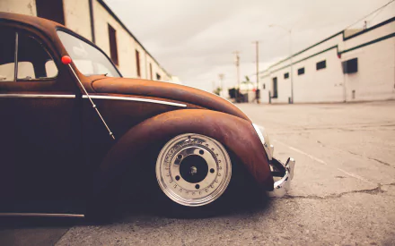 A low-angle view of a vintage Volkswagen Beetle parked on a street, featuring its distinctive curved body and stylish wheels, set against an urban backdrop. HD desktop wallpaper.
