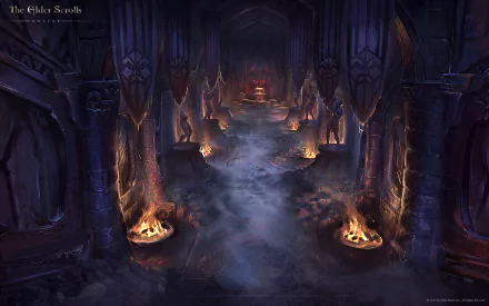 A dramatic, atmospheric corridor from The Elder Scrolls Online, featuring flickering flames and shadowy arches, serves as an immersive HD wallpaper for fans of the game.