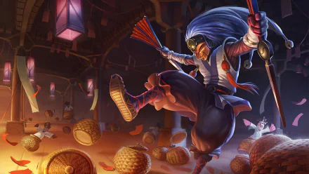 HD PC desktop wallpaper featuring Shaco from League of Legends in dynamic action, surrounded by lanterns and baskets in a vibrant video game-themed scene.