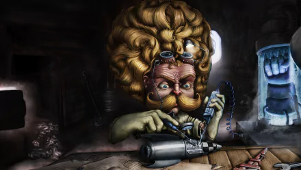 HD PC desktop wallpaper featuring Heimerdinger from League of Legends, portrayed in a detailed, animated style with steampunk elements.