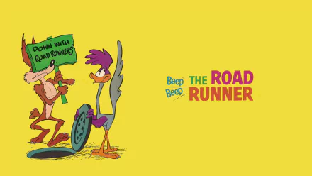 HD comic PC wallpaper: Road Runner with a wheel and Beep Beep text, Wile E. Coyote holding a Down with Road Runners sign on a bright yellow background.