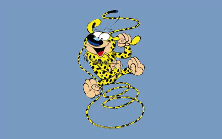 HD PC desktop wallpaper featuring the comic character Marsupilami with its signature yellow and black spotted fur, coiled tail, and joyful expression on a blue background.