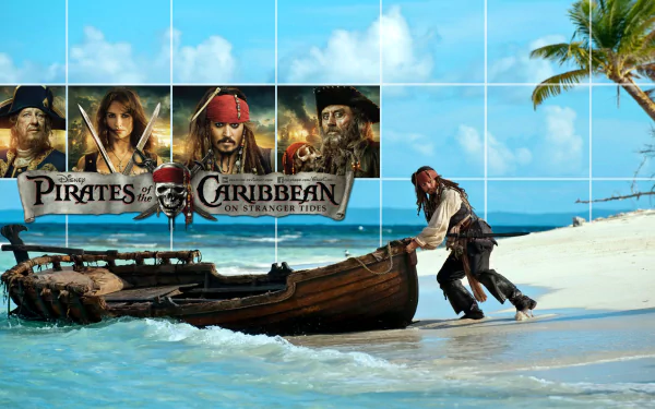 Jack Sparrow, portrayed by Johnny Depp, features prominently in this vibrant HD wallpaper from Pirates of the Caribbean: On Stranger Tides, showcasing a tropical beach scene.