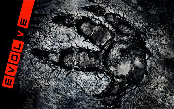 Evolve video game HD PC desktop wallpaper: giant clawed monster paw print pressed into cracked, muddy ground with red EVOLVE logo at left.