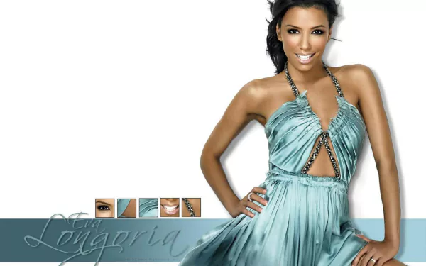 HD PC desktop wallpaper of a smiling celebrity woman in a teal halter gown, hands on hips, posed against a white background with a pale blue signature banner.