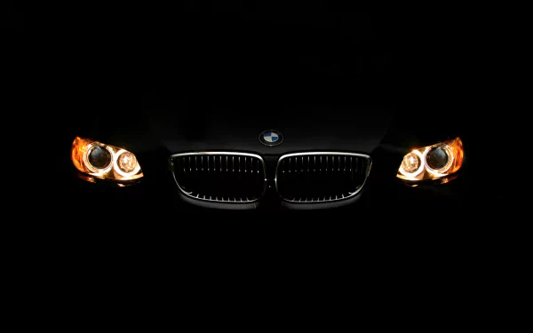 A sleek BMW vehicle is featured in this HD desktop wallpaper, showcasing its distinctive grille and striking headlights against a dark background.