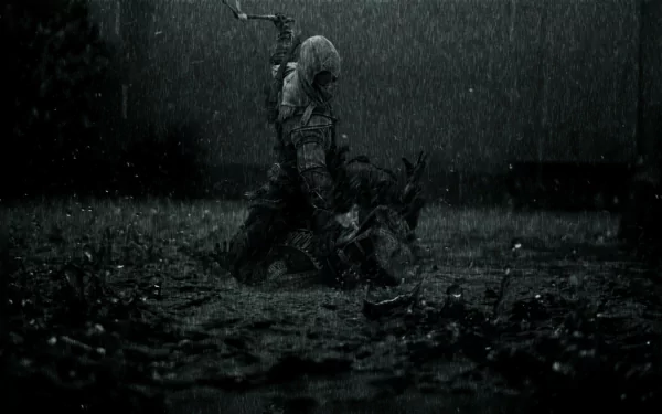 HD PC desktop wallpaper featuring a dark, rainy scene from the Assassin's Creed video game, showing a hooded character kneeling amid rain and shadows.
