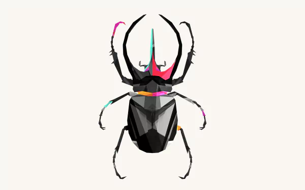 Artistic HD desktop wallpaper featuring a stylized black beetle with colorful accents on a clean, light background.