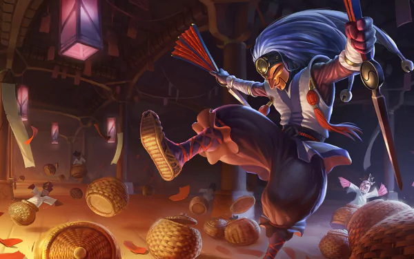 HD PC desktop wallpaper featuring Shaco from League of Legends in dynamic action, surrounded by lanterns and baskets in a vibrant video game-themed scene.