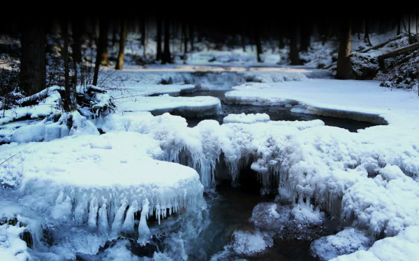 HD PC desktop wallpaper/background: winter nature scene with a frozen stream, snow-covered banks and layered icicles hanging from icy rocks.