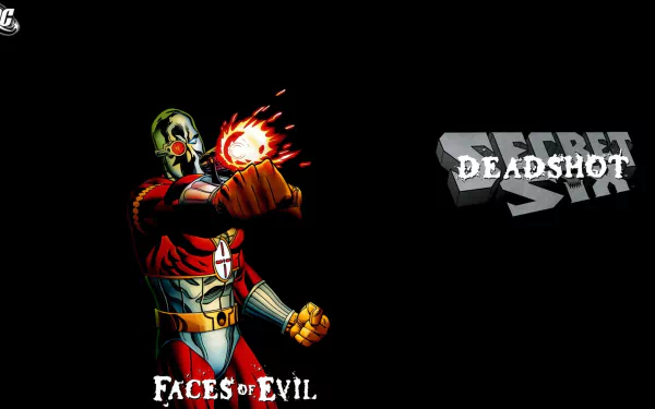 A vibrant HD desktop wallpaper featuring Deadshot from the comic series Secret Six, showcasing him in action with a fiery background and bold text design.