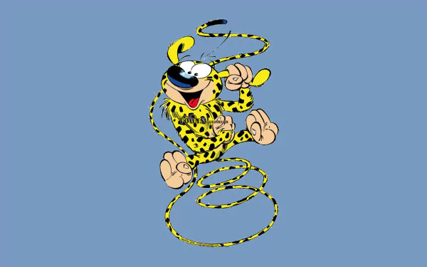 HD PC desktop wallpaper featuring the comic character Marsupilami with its signature yellow and black spotted fur, coiled tail, and joyful expression on a blue background.