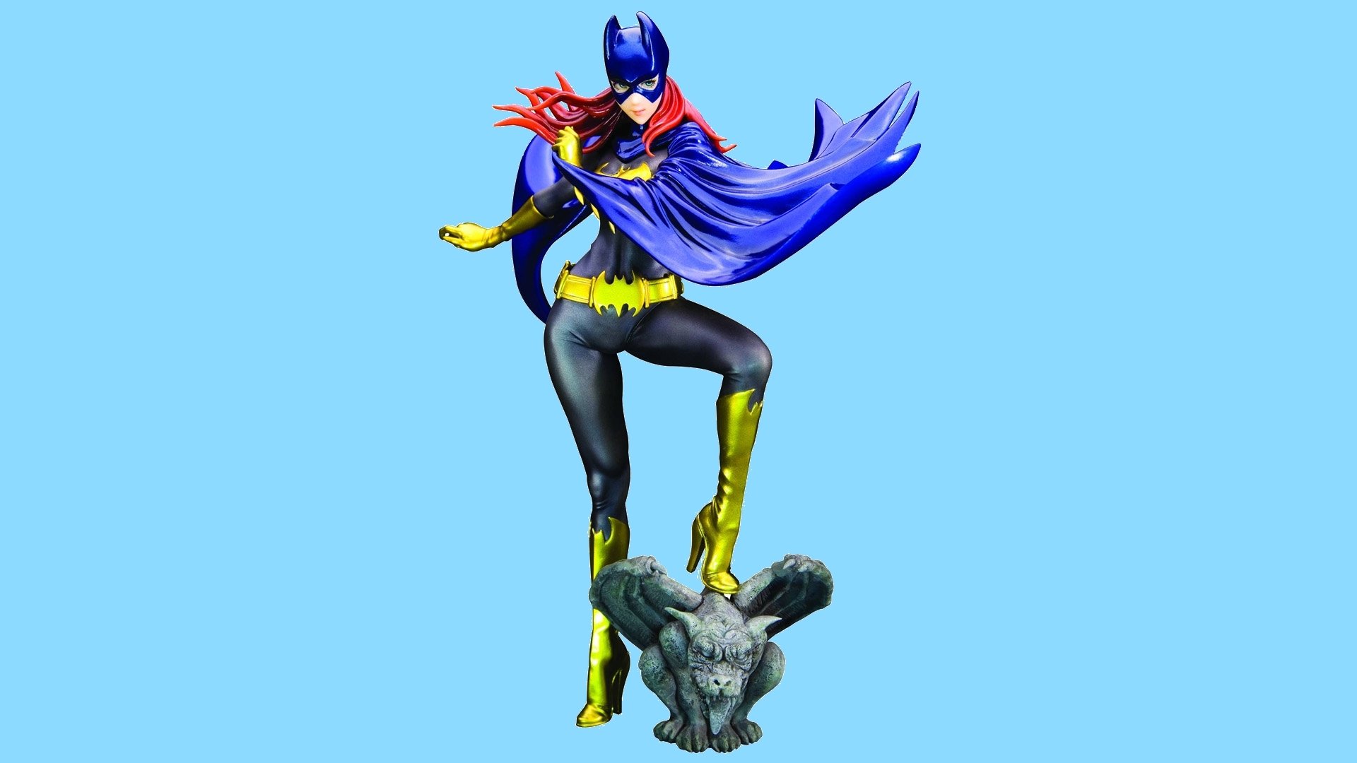 A dynamic illustration of Batgirl stands confidently, showcasing her iconic costume and cape, with a striking blue background, making it an engaging HD desktop wallpaper.