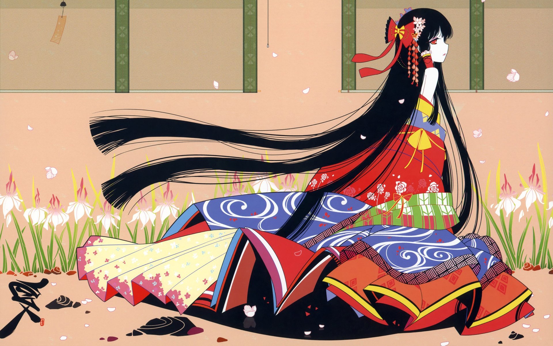HD PC desktop wallpaper featuring Reimu Hakurei from Touhou, depicted in a detailed traditional outfit with flowing long black hair and a serene background of flowers and tatami mats.