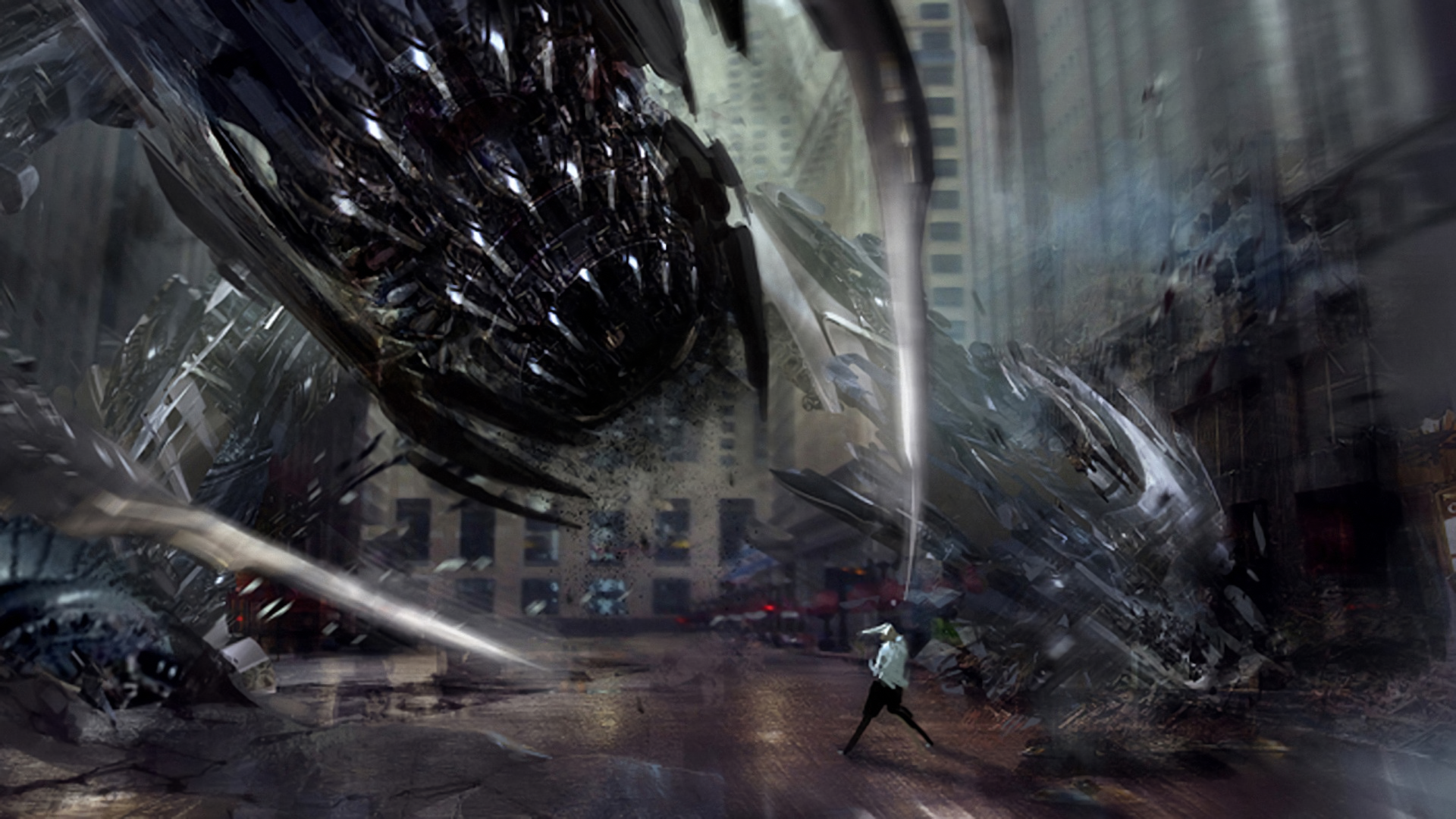 HD PC desktop wallpaper featuring intense action from Transformers: Dark of the Moon, showcasing towering robotic creatures in a cityscape.