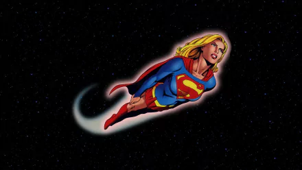 HD PC desktop wallpaper featuring Supergirl flying through a starry night sky in a vibrant comic-style illustration.