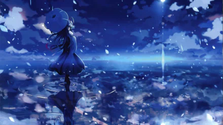 An image of Yukari Yakumo from the anime Touhou, depicted in an HD wallpaper background. She stands with an umbrella under a starry night sky, surrounded by ethereal light and reflections.