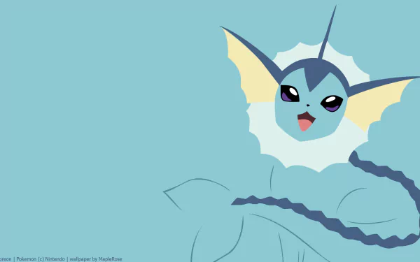 A minimalist HD wallpaper featuring Vaporeon from Pokémon, showcasing its pointed ears, purple eyes, and flowing tail against a soft blue background.
