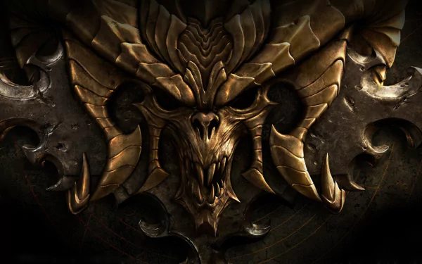 HD PC desktop wallpaper featuring the menacing horned skull emblem from the video game Diablo III.