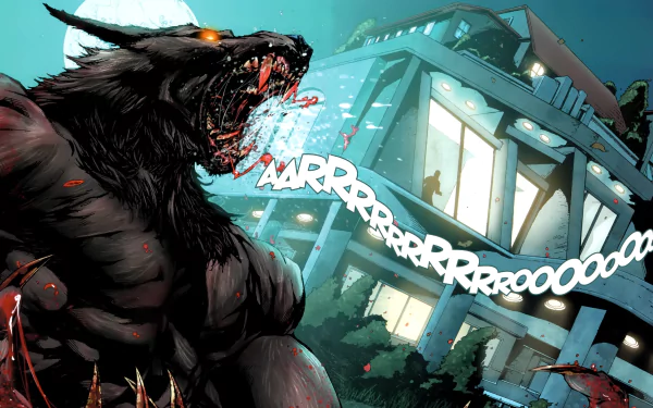 A dynamic HD desktop wallpaper featuring a fierce creature from the comic Grimm Fairy Tales: Myths & Legends, set against a moonlit background and an ominous modern building.