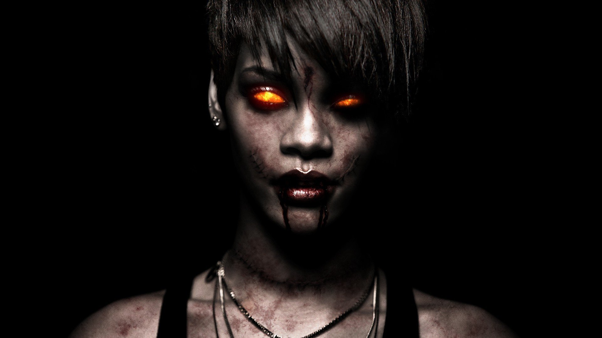 A dark, striking zombie-themed HD desktop wallpaper featuring a figure with glowing orange eyes and a haunting expression, set against a black background.