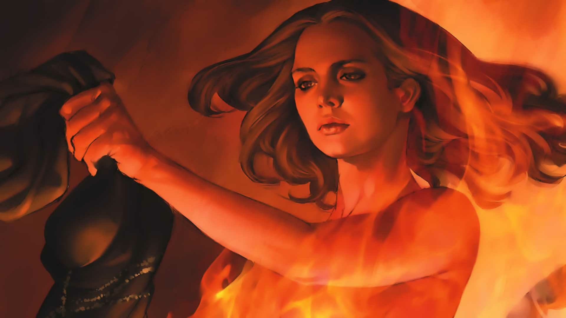 Comic-style HD PC desktop wallpaper of Buffy the Vampire Slayer bathed in flames, holding a dark mask or cloth with a resolute expression against a red-orange background.