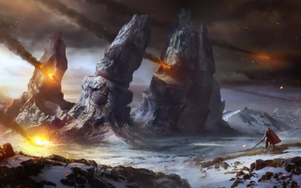 A stunning HD desktop wallpaper from the video game Lords Of The Fallen, featuring a dramatic landscape of towering rocky formations and fiery explosions against a dark sky.