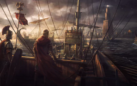 A dramatic scene from Total War: Rome II, featuring Roman soldiers on a ship overlooking a bustling harbor filled with ships under a stormy sky. HD wallpaper for PC desktops.