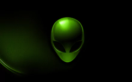 HD Alienware PC desktop wallpaper featuring a glowing green alien head against a dark, tech-inspired background.