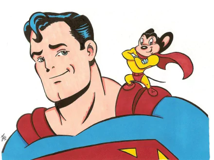HD PC desktop wallpaper featuring a comic crossover with Superman and Mighty Mouse standing confidently on his shoulder.