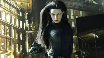 4K Ultra HD PC desktop wallpaper featuring Catwoman in a sleek black costume with a dark cityscape background, capturing a comic-inspired gritty atmosphere.