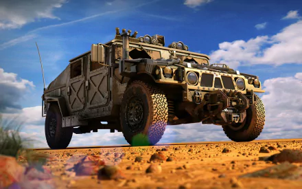 HD desktop wallpaper featuring a rugged military Humvee on a sandy terrain under a partly cloudy sky.