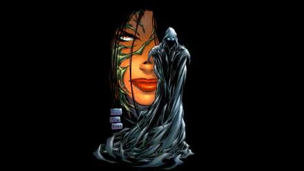 HD PC desktop wallpaper featuring a comic-style Witchblade character with a vibrant face and a dark, flowing cloak against a black background.