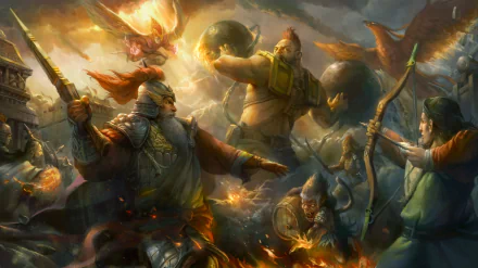 Epic Battle Fantasy 3 video game scene: armored heroes and monstrous foes clash under fiery skies — 5K Ultra HD PC desktop wallpaper background.