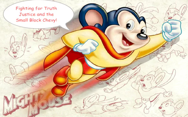 HD PC desktop wallpaper featuring Mighty Mouse from the TV show, depicted flying with a confident smile and a speech bubble about fighting for truth and justice.