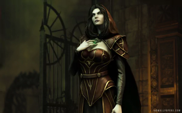 HD PC desktop wallpaper of a dark, armored female character from the video game Castlevania: Lords of Shadow 2, standing against a moody, gothic background.