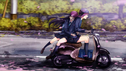 Anime-style HD wallpaper of two characters in school uniforms riding a motorcycle, surrounded by scattered petals, capturing a scenic, motion-filled moment.