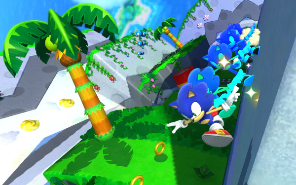 A vibrant HD wallpaper showcasing characters from Sonic Lost World, featuring Sonic racing through a lush, colorful landscape with palm trees and scattered coins.