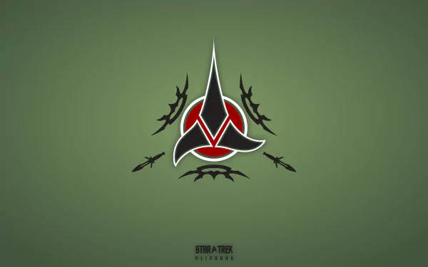 Minimalist 4K Ultra HD Star Trek Sci-Fi desktop wallpaper featuring a stylized Klingon emblem on a muted green background.