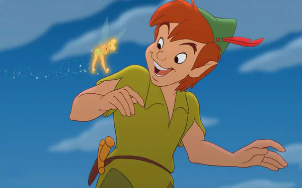 A vibrant HD desktop wallpaper featuring Tinker Bell and Peter Pan from the movie Return to Never Land, capturing their joyful adventure in an enchanting sky.
