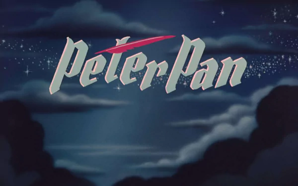 A vibrant HD wallpaper featuring the iconic logo of the classic 1953 movie Peter Pan, set against a dreamy night sky filled with stars and clouds.