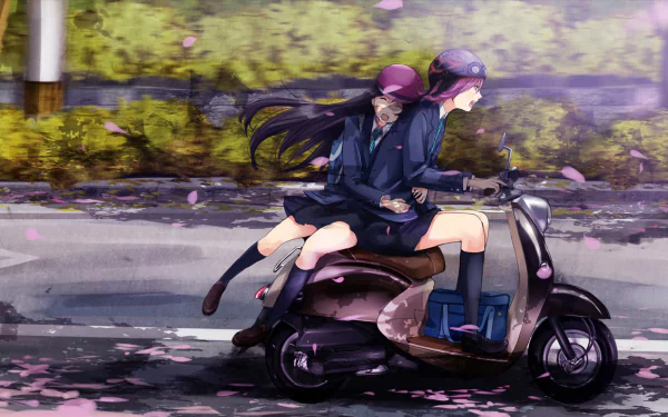 Anime-style HD wallpaper of two characters in school uniforms riding a motorcycle, surrounded by scattered petals, capturing a scenic, motion-filled moment.