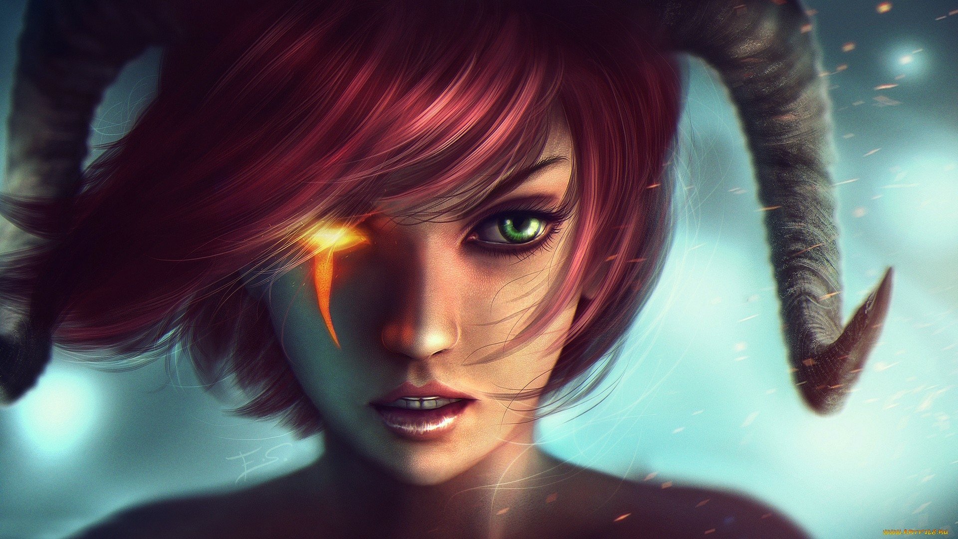 A stunning HD wallpaper featuring a fierce demon character with vibrant red hair, striking green eyes, and horns, set against a mystical background, embodying themes of fantasy and power.