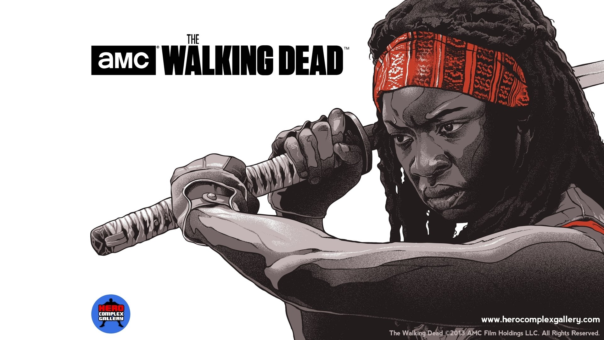 A striking HD wallpaper featuring a character from the TV show The Walking Dead, showcasing intense focus and strength with a weapon in hand against a bold graphic background.