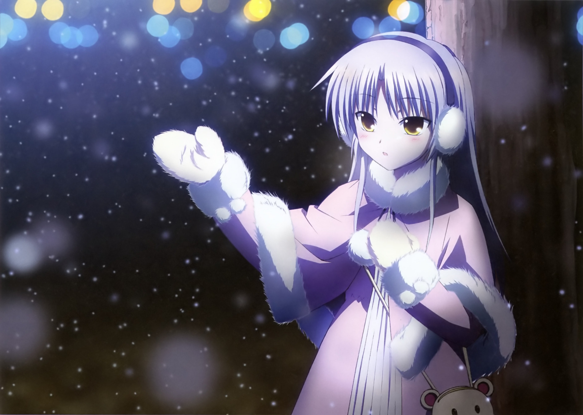 Kanade Tachibana from Anime Angel Beats! stands gracefully in a snowy landscape, wearing a cozy pink coat and earmuffs, captured in stunning HD detail for a desktop wallpaper.
