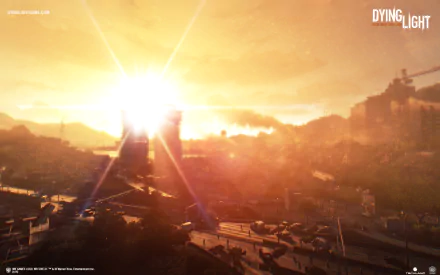 HD PC desktop wallpaper and background from the video game Dying Light: blazing sun over a ruined city skyline with helicopters and highways bathed in warm orange light.